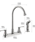 Brushed Nickel Pro Grade Two-Handle Kitchen Faucet With Side Sprayer For 4-Hole Kitchen Sink, High Arc 360 Degree Spout, dimensions shown
