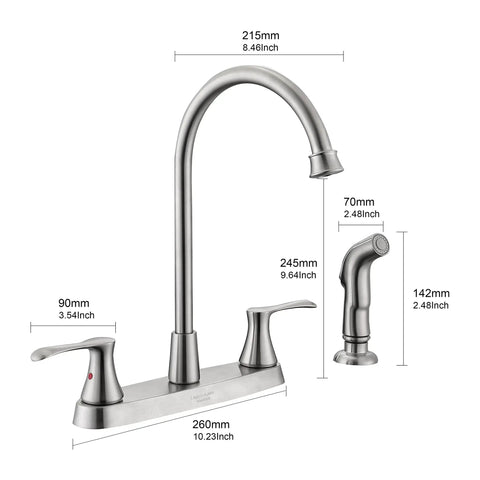 Brushed Nickel Pro Grade Two-Handle Kitchen Faucet With Side Sprayer For 4-Hole Kitchen Sink, High Arc 360 Degree Spout, dimensions shown