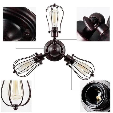 Detailed view of Vintage Industrial Ceiling Light With Metal Wire Cage Shade, highlighting adjustable socket and rust color finish.