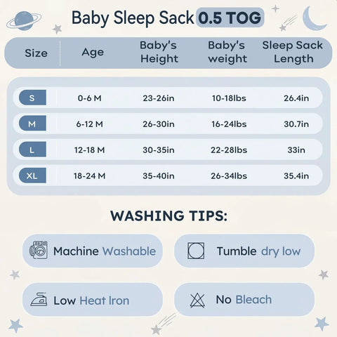 Size and care chart for Cotton Baby Sleep Sack Set Three Pack For 6 To 12 Months Lightweight 0.5 Tog Wearable Blanket With Two Way Zipper