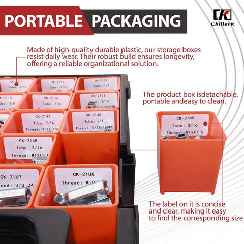 Beefy Brake Line Fittings Kit with Nuts and Reducer Bushings organized in labeled compartments for 3/16 to 5/16 inch tubing.