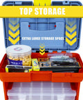 Tackle Box Organizer With Four Drawers And Nineteen Compartments For Hardware Fishing Tackle Beads And More Red Portable Storage Tool Box With Removable Clear Bins And A Handy Carry Handle Built For Everyday Use with open lid showing storage compartments.