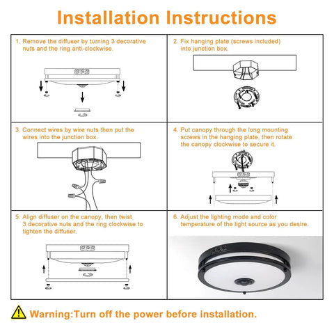 Installation instructions for 12 Inch Outdoor LED Motion Sensor Ceiling Light With Dusk To Dawn, 24W, Adjustable CCT 2700K To 5000K.