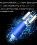 Blue Vinyl Insulated Female Spade Wire Connectors Quick Disconnects For Auto DIY Projects Sixteen To Fourteen AWG Six Point Three Millimeter One Quarter Inch Crimp Terminals 500 Pack showing close-up with blue insulation and copper conductivity detail.
