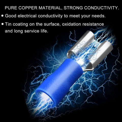 Blue Vinyl Insulated Female Spade Wire Connectors Quick Disconnects For Auto DIY Projects Sixteen To Fourteen AWG Six Point Three Millimeter One Quarter Inch Crimp Terminals 500 Pack showing close-up with blue insulation and copper conductivity detail.