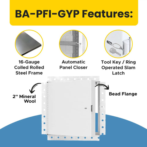 24X24 Fire Rated Insulated Access Panel Featuring Two Inches Of Mineral Wool And A 16 Gauge Steel Frame, with automatic panel closer and slam latch.