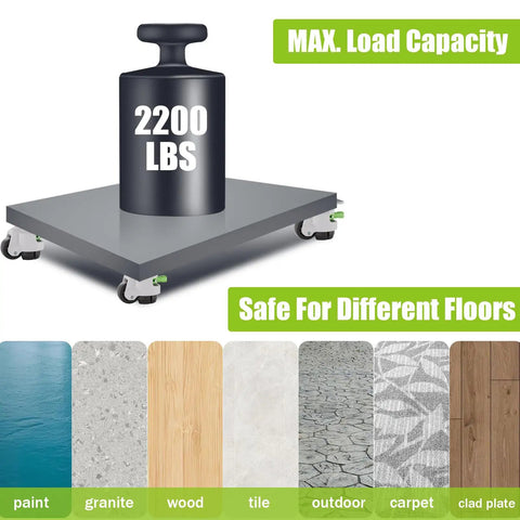 Rock Solid Built Tough Leveling Caster Wheels Set Of 4 Featuring 2200 Lbs Load Capacity with heavy load displayed on flat surface.