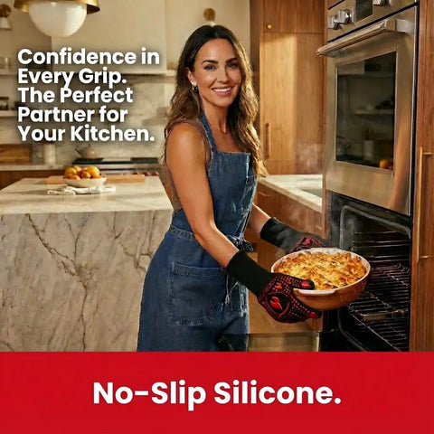 Person using Heavy Duty Silicone Grill Gloves And Oven Mitts For BBQ Boss Level Heat Resistance Up To 1472 Fahrenheit Fireproof Non Slip Red