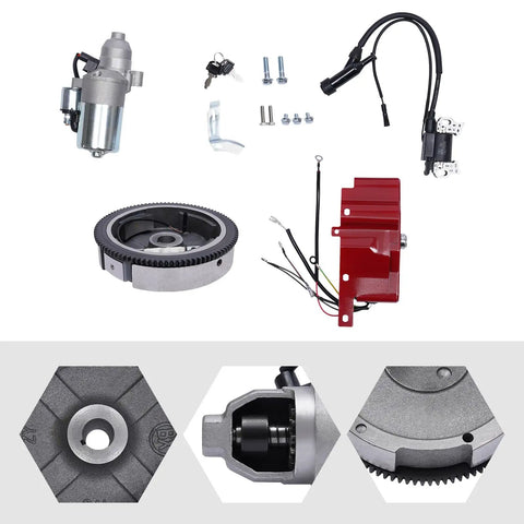 Honda Electric Start Kit Starter Motor With Flywheel Switch for GX240 8HP and GX270 9HP shown with durable iron flywheel.