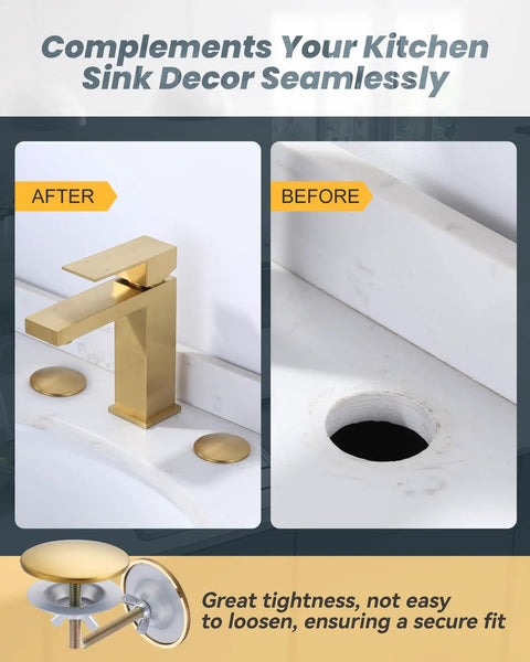 Slick Brushed Gold Sink Hole Cover And Faucet Base Cap 2 Pack For Kitchen Or Bath Heavy Duty Brass Drain Plug Tight Fit Anti Rust Build Keeps Your Sinks Looking Sharp And Totally Game Changing