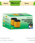 Box of Two Pack Standard Cartridge Filter Replacement For VCFS fits 5 to 16 gallon wet dry vacuums and VBV1210, includes accessories.