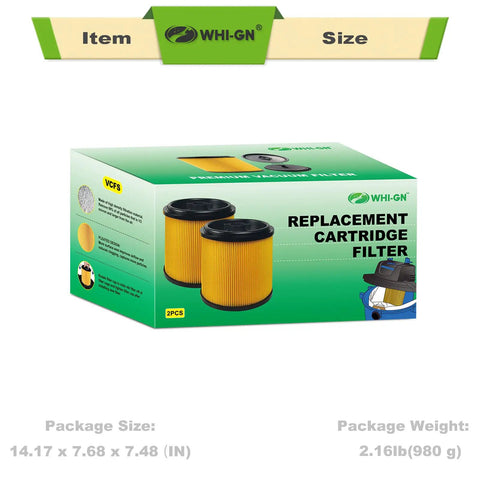 Box of Two Pack Standard Cartridge Filter Replacement For VCFS fits 5 to 16 gallon wet dry vacuums and VBV1210, includes accessories.
