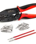 Open Barrel Deutsch DT Crimp Tool For 14-18 AWG 16 Size Stamped Contacts, cables and metal pins shown in product display