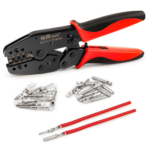 Open Barrel Deutsch DT Crimp Tool For 14-18 AWG 16 Size Stamped Contacts, cables and metal pins shown in product display