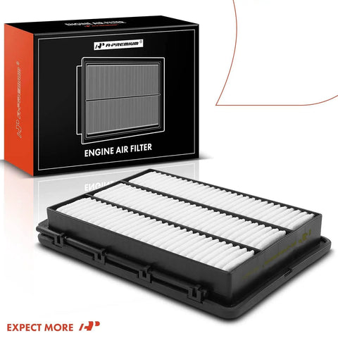 Engine Air Filter For Hyundai Tucson And Kia Sportage Rigid Panel Fits 2016 to 2021 Tucson 1.6L 2.0L 2.4L and 2017 to 2022 Sportage 2.0L 2.4L Direct Fit High Performance Replacement For Everyday Driver Comfort displayed on box with filter in front