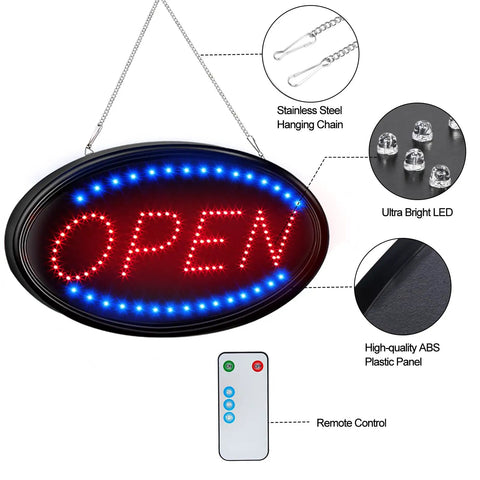 LED Open Sign For Windows And Doors Large 23 By 14 Inch Red And Blue Light Up Open Sign with remote and hanging chain detail.