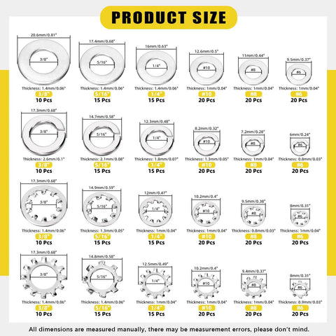 Product size chart for Must Have 400 Piece Stainless Steel Lock Washer Set With Flat, Split, Internal Tooth And External Tooth Washers.