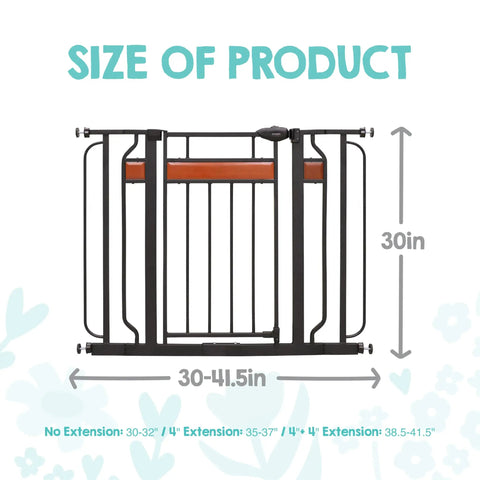 Extra Wide Baby Gate For Doorways And Stairs, 30 To 41.5 Inches, Pressure Mounted Wood Gate, shown with size dimensions.