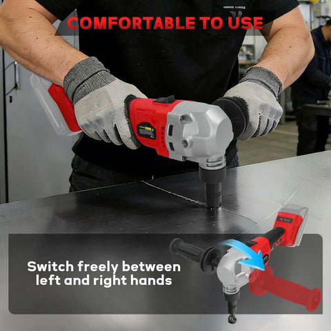 Person using Cordless Metal Nibbler For 18V Batteries With Brushless Motor, 3 Speed Metal Cutter For Stainless Steel And Aluminum.