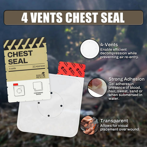 Rhino Rescue 4-vent chest seal kit, 2-pack, sterile occlusive pad with red backing, front view