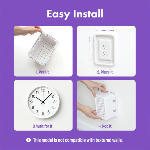 Four-step installation guide for Extra Large Outlet Cover Box For Baby Proofing Bulky Plugs And Wide Adapters on a purple background.
