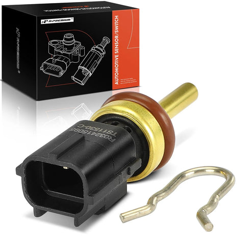 A-Premium engine coolant temperature sensor with brass stem and black connector; includes retention clip (2 items)