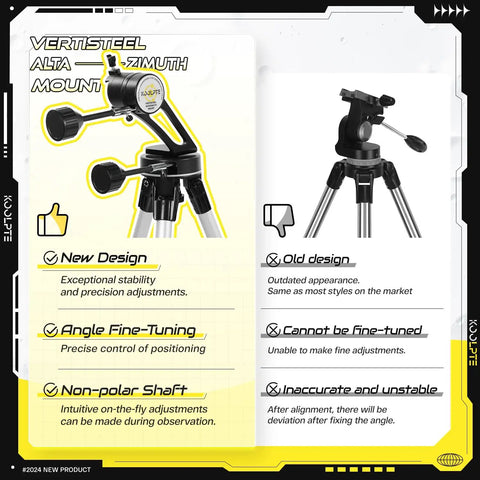 Comparison of Vertisteel Alta Azimuth mount with angle fine-tuning on left and outdated design on right