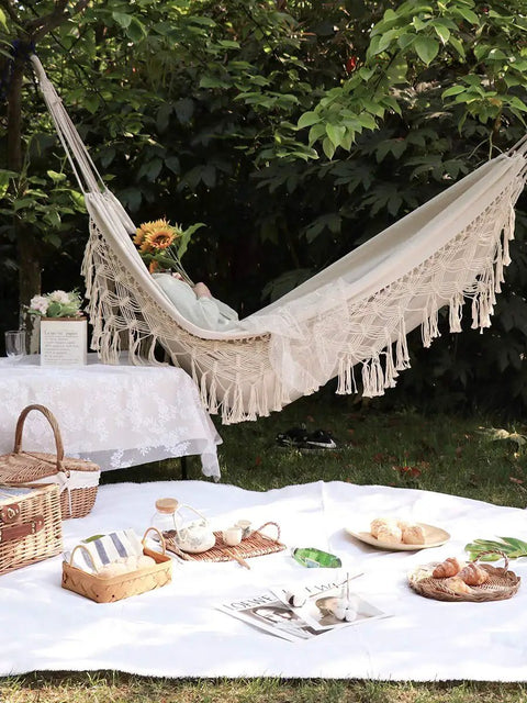 Double Outdoor Cotton Hammock With Fringes For Two Adults Perfect For Beach Or Patio Chill Sessions Camping Or Travel 58 Inch Wide Supports Up To 400 Lbs Brazilian Style Portable Canvas Bed For Relaxing