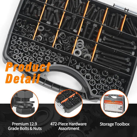 Pro Grade 12.9 Bolts and Nuts Set, 472-Piece M6 M8 Hex Bolt Nut and Washer Kit in black toolbox, open view.