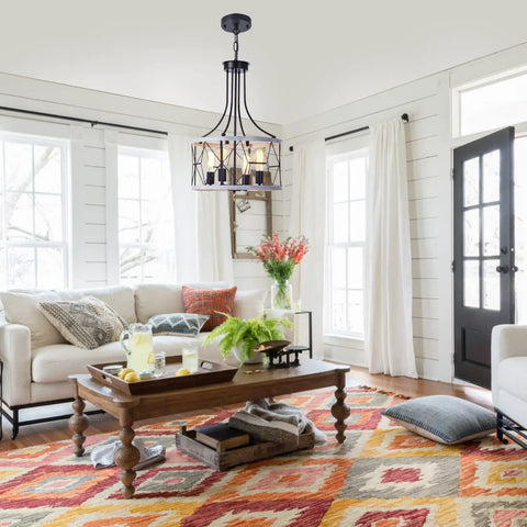 Farmhouse Round Pendant Chandelier 4 Light Cage Ceiling Light 17 Inch Drum Hanging Lamp Fixture Rustic Metal Flush Mount