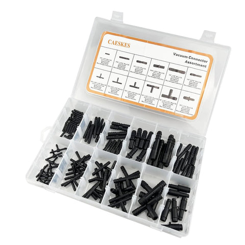 CAESKES vacuum connector assortment kit in a clear plastic case, 12 sizes of black nylon automotive vacuum tubing connectors.