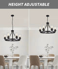 Six Light Farmhouse Wagon Wheel Chandelier for Dining Room and Kitchen Island Pendant Lights in Modern Black with adjustable height
