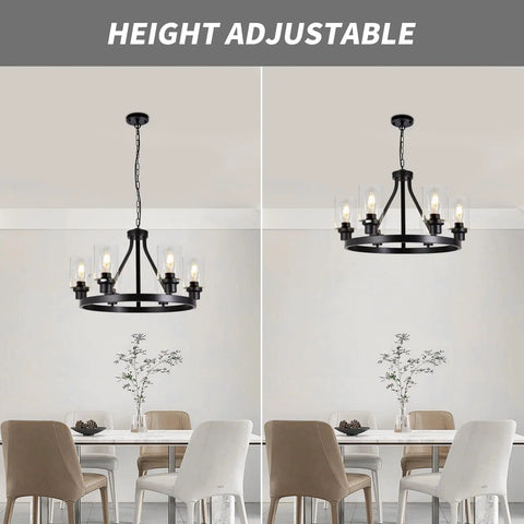 Six Light Farmhouse Wagon Wheel Chandelier for Dining Room and Kitchen Island Pendant Lights in Modern Black with adjustable height