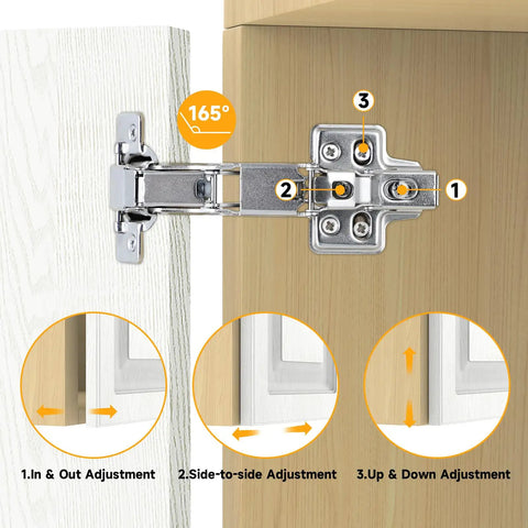 Knockout Durability One Pair 175 Degree Concealed Cabinet Hinges, showing 165° adjustment features for smooth soft-close use.