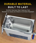 Heavy Duty Six Liter Ultrasonic Cleaner Featuring Built In Heater And Dual Frequency Sweep Tech For Effortless One Touch Degreasing Of Jewelry Carburetor Dentures And Greasy Auto Parts stainless steel tank view.