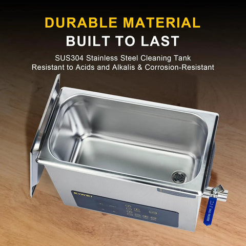 Heavy Duty Six Liter Ultrasonic Cleaner Featuring Built In Heater And Dual Frequency Sweep Tech For Effortless One Touch Degreasing Of Jewelry Carburetor Dentures And Greasy Auto Parts stainless steel tank view.