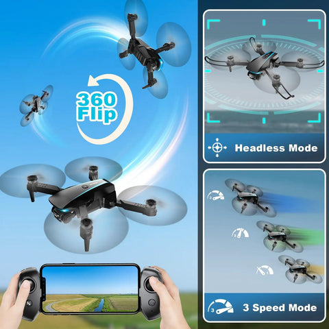 Camera Drone For Adults 1080P HD Foldable Quadcopter performing 360° flip, headless mode and three speed settings with controller view