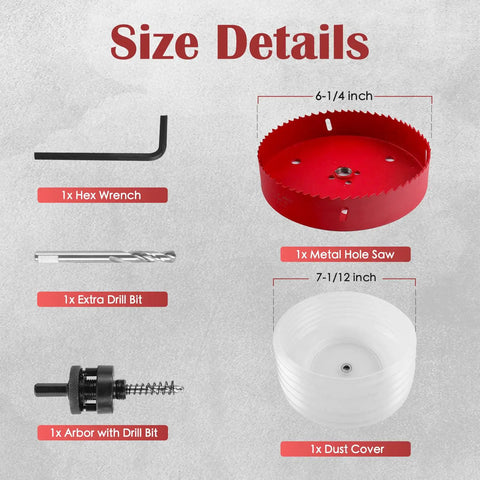 Six And One Quarter Inch Hole Saw Kit For Recessed Lighting With Dust Bowl Catcher Bi Metal Cutter and components