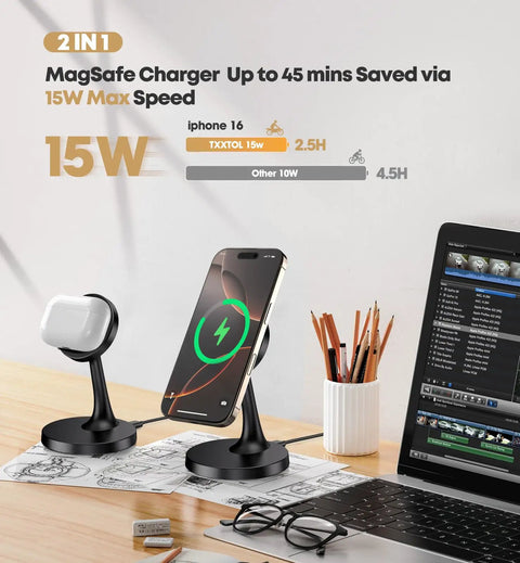 Magnetic Wireless Charger Stand With MagSafe 15W Fast Charge For iPhone 17 Series 16 15 14 13 12 And AirPods Slim Desk Pad Dock