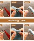 11 Piece Ring Mandrel Set For Jewelry Making With US And UK Ring Sizers Ring Measuring Tool Repair Tool Rubber Jewelry Hammer Polishing Cloth Polishing Stick Polished Agate Knife And More showing polishing process