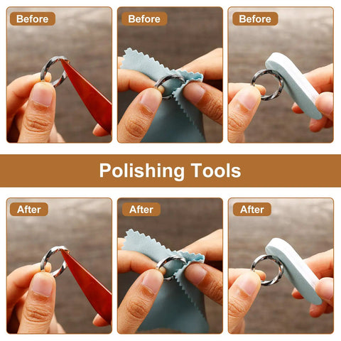 11 Piece Ring Mandrel Set For Jewelry Making With US And UK Ring Sizers Ring Measuring Tool Repair Tool Rubber Jewelry Hammer Polishing Cloth Polishing Stick Polished Agate Knife And More showing polishing process