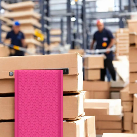 Hot Pink 8.5 X 12 Inch Bubble Mailers Dope Self Seal Padded Envelopes in warehouse with stacked boxes and workers