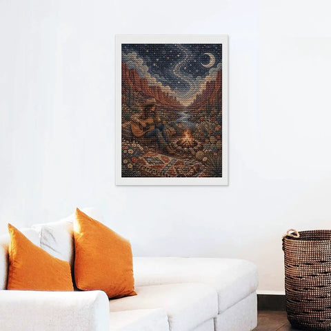 Dope Diamond Art Kit For Adults Guitar Desert Camp Theme Wall Decor on white wall above sofa with orange cushions