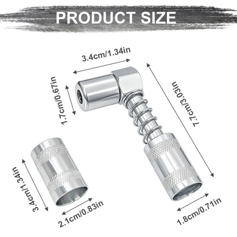 Product dimensions of 90 Degree Grease Coupler Adapter For Tight Spaces With Universal Thread Fitting, carbon steel sleeves.