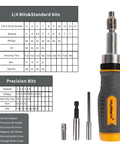 Seventy Seven Piece Ratcheting Screwdriver Bit And Socket Kit With Heavy Duty Carry Case showing a detailed bit chart and ratcheting driver.