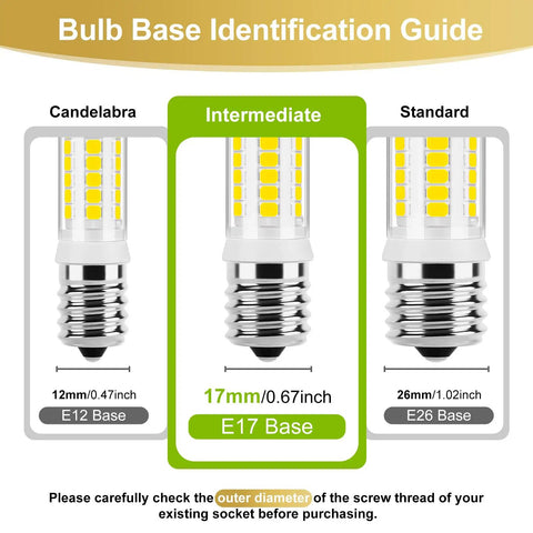 Comparison guide showing E12, E17, and E26 bases. E17 LED Bulb Dimmable With No Fuss Dimming For Microwave Light highlighted.