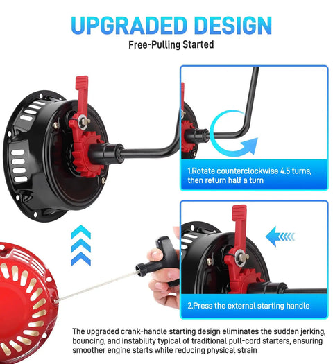 Upgraded Crank-Handle Pull Start Recoil Starter Assembly for Predator 212 with user instructions for smooth jerk-free start