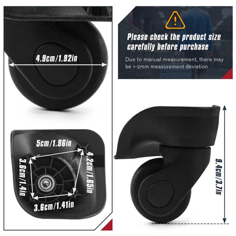 2 Pack Luggage Wheels Replacement For Suitcase Roller Trolley Caster Set Includes Screws Not Universal; shows wheel dimensions, black color