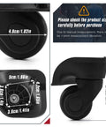 4 Pack Luggage Replacement Wheels Set with Screws for Suitcase Roller Trolley Casters Not Universal Compatible Only When Wheel Shape Hole Pitch And Size Match W041 L Durable Aluminum Core for Hard And Soft Suitcases, black wheel measurements shown