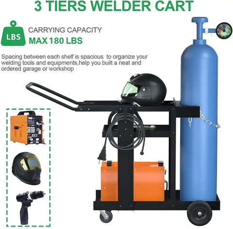 3 Tier Rolling Welding Cart For Mig Tig Arc Plasma Cutter Machines, Heavy Duty Welder Cart With 180 Lb Weight Capacity, Tank Storage